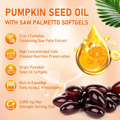 Close-up of hair and skin health concept with pumpkin seed oil and saw palmetto