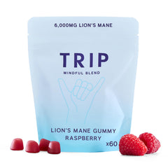 Front view of TRIP Lion’s Mane Gummies Raspberry 60-count bottle