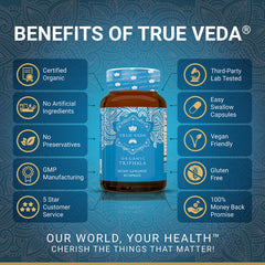 Close-up of vegan Triphala capsules in a bottle