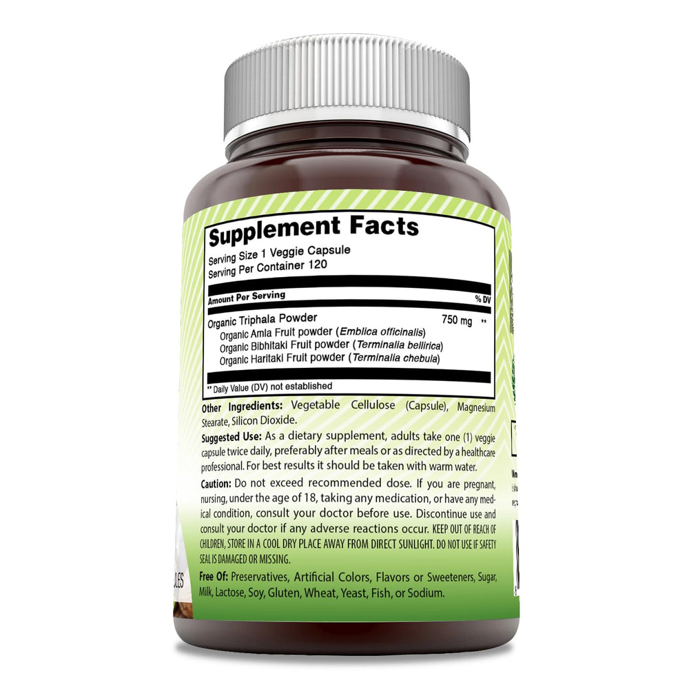 Triphala fruit supplement 750 mg per serving with 120 servings per bottle