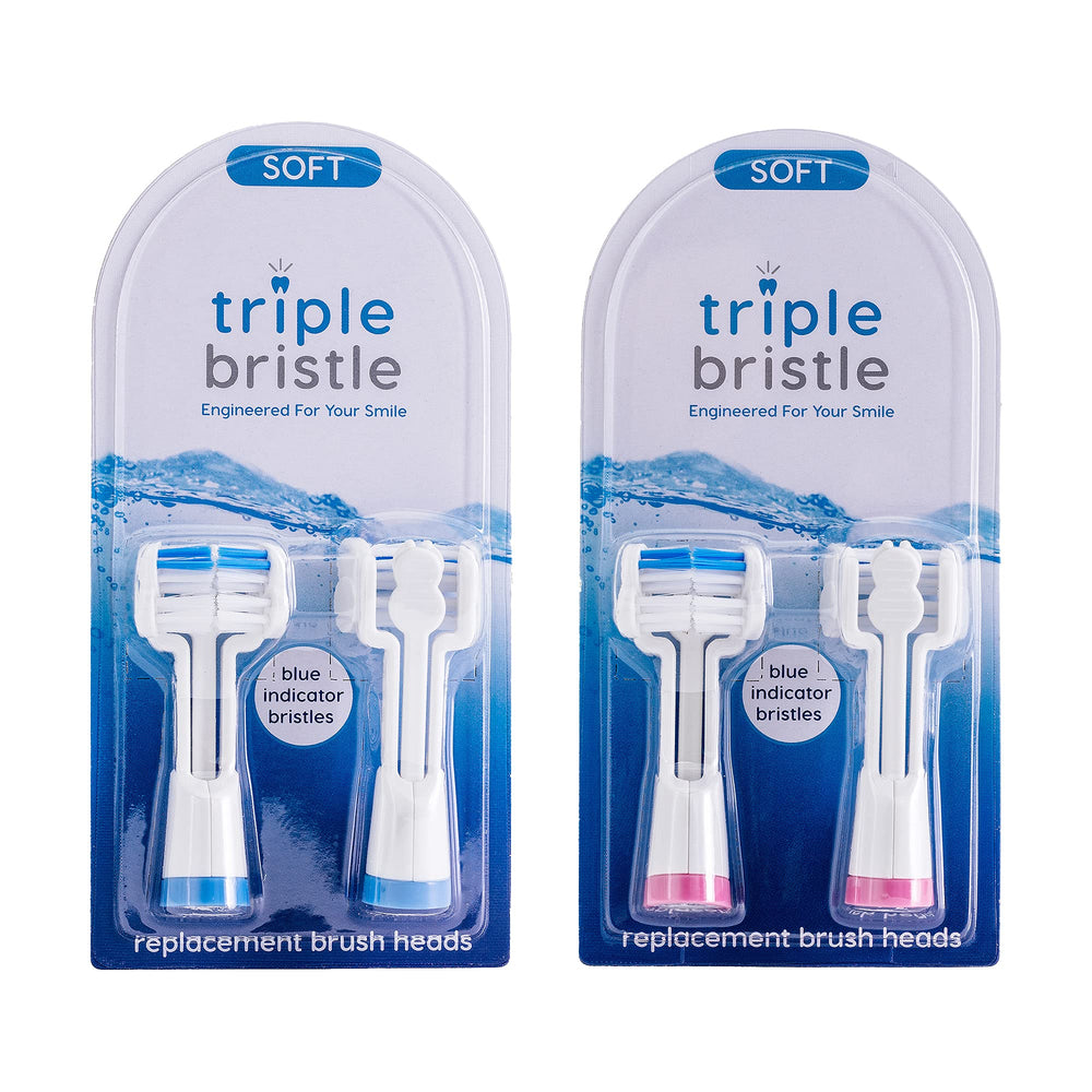 Front view of Triple Bristle 3-sided replacement heads 4-pack in pink and blue