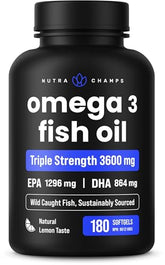 Triple Strength Omega-3 Fish Oil 3600mg with EPA and DHA in 180 lemon-flavored softgels