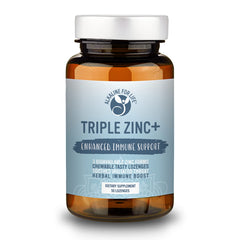 Bottle of Triple Zinc Lozenges showing three bioavailable forms: glycinate, citrate, and aspartate