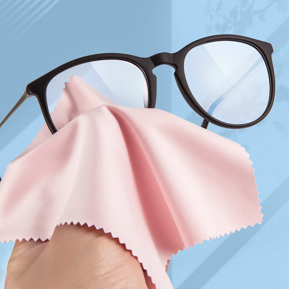 Packaged 12 pink microfiber cloths for eyewear cleaning