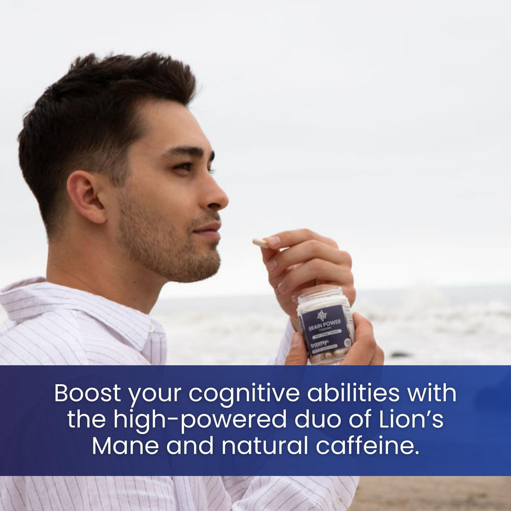 Troomy Brain Power plant-based formula pictured beside hydration and meals