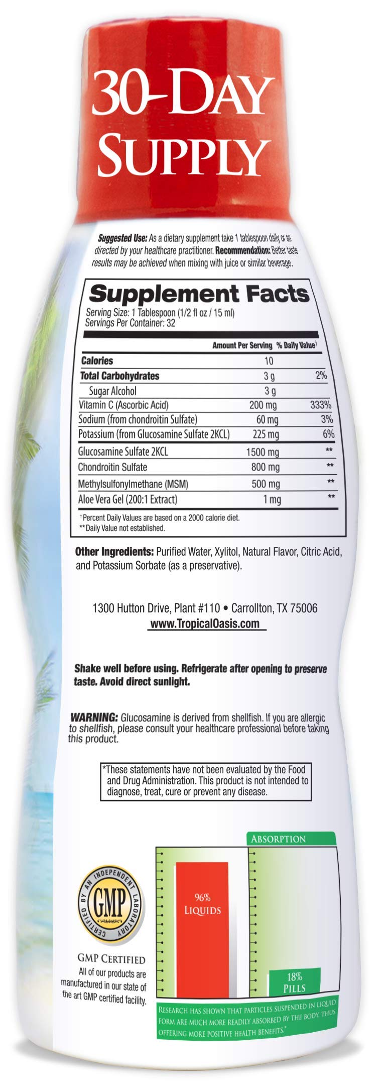 Label close-up highlighting 1500mg Glucosamine per serving