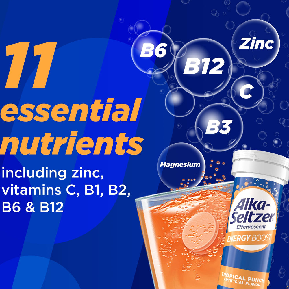 Alka-Seltzer Energy Boost Tropical Punch flavor label