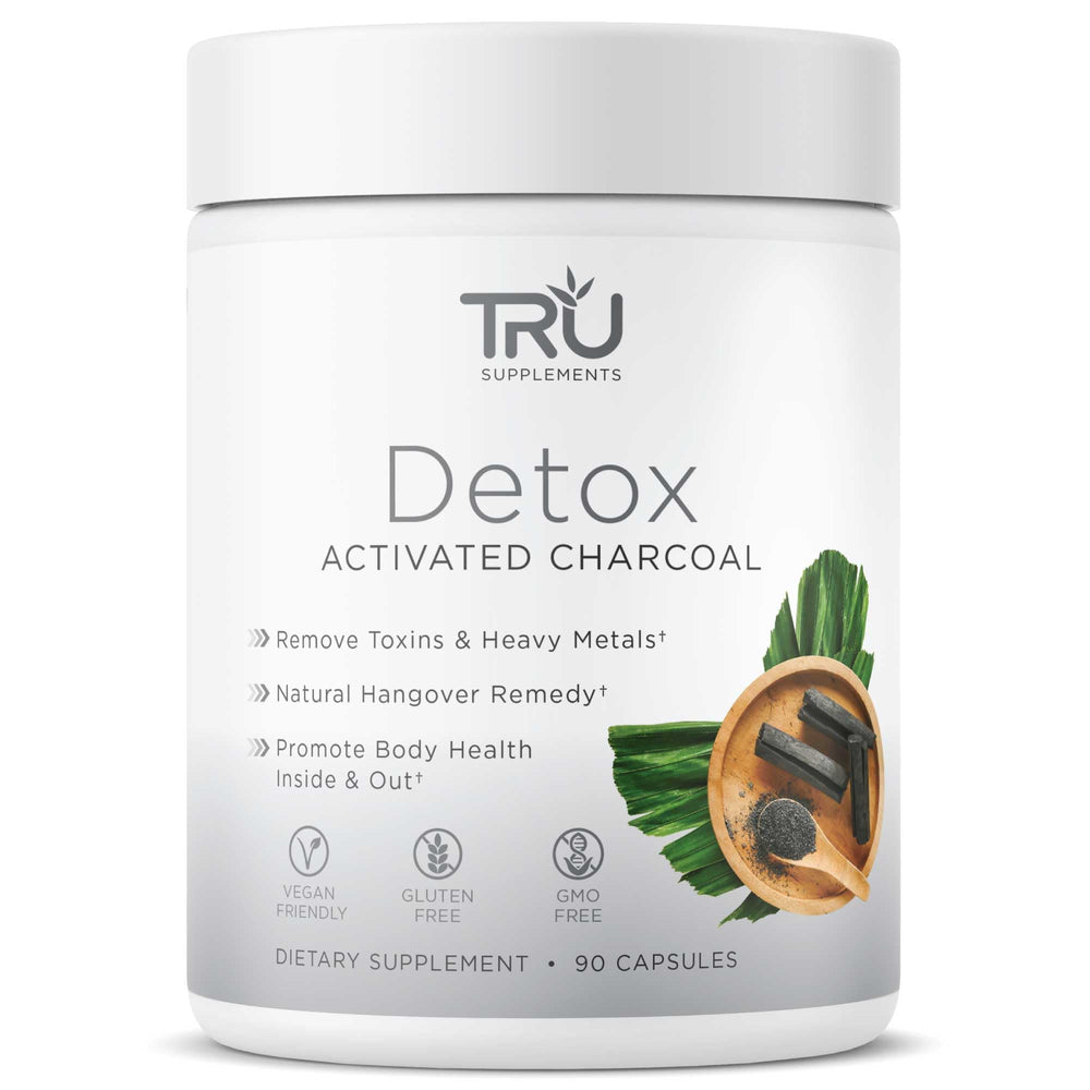 TRU Detox activated charcoal capsules in a vegan plant capsule