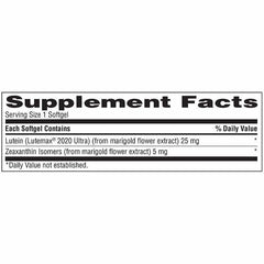Supplement facts label for Tru-Nature Vision Complex Lutein & Zeaxanthin