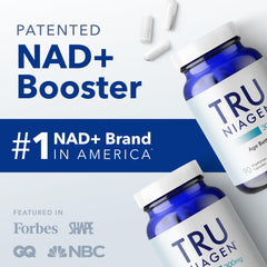 TRU NIAGEN bottle on kitchen counter suggests simple daily routine integration.