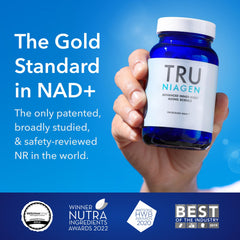 Capsules spilled from Tru Niagen bottle for close-up