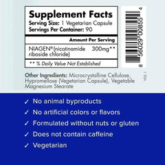 Ingredients panel and safety information for Tru Niagen
