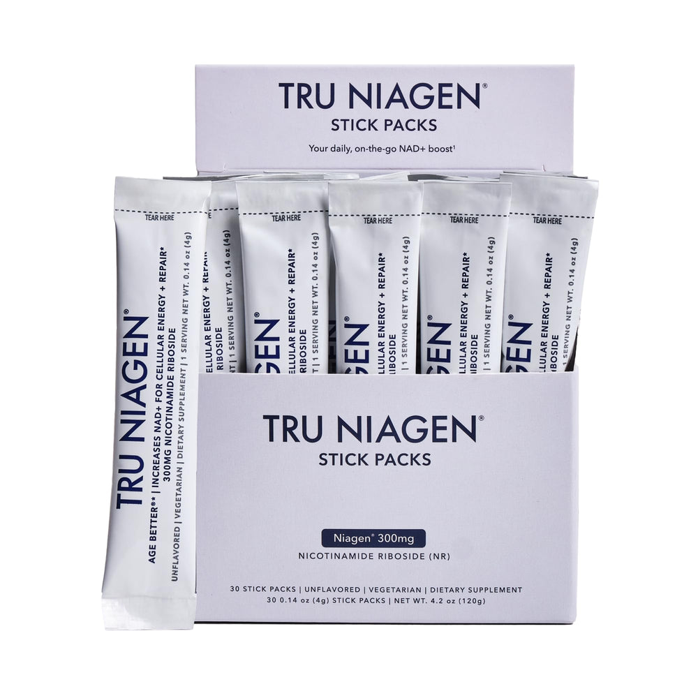 Tru Niagen NAD+ booster stick packs front view, 30-count, 300mg