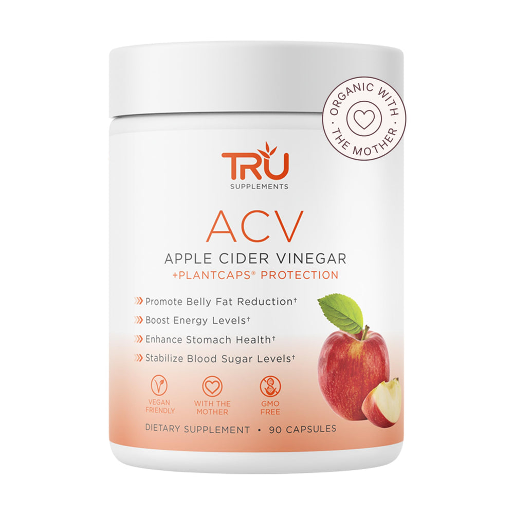 TRU Supplements ACV bottle closeup emphasizes organic formula for digestion support.