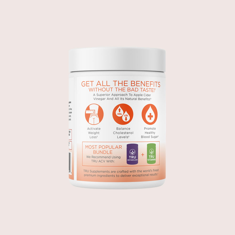 TRU Supplements ACV bottle with glass of water conveys convenient daily routine.