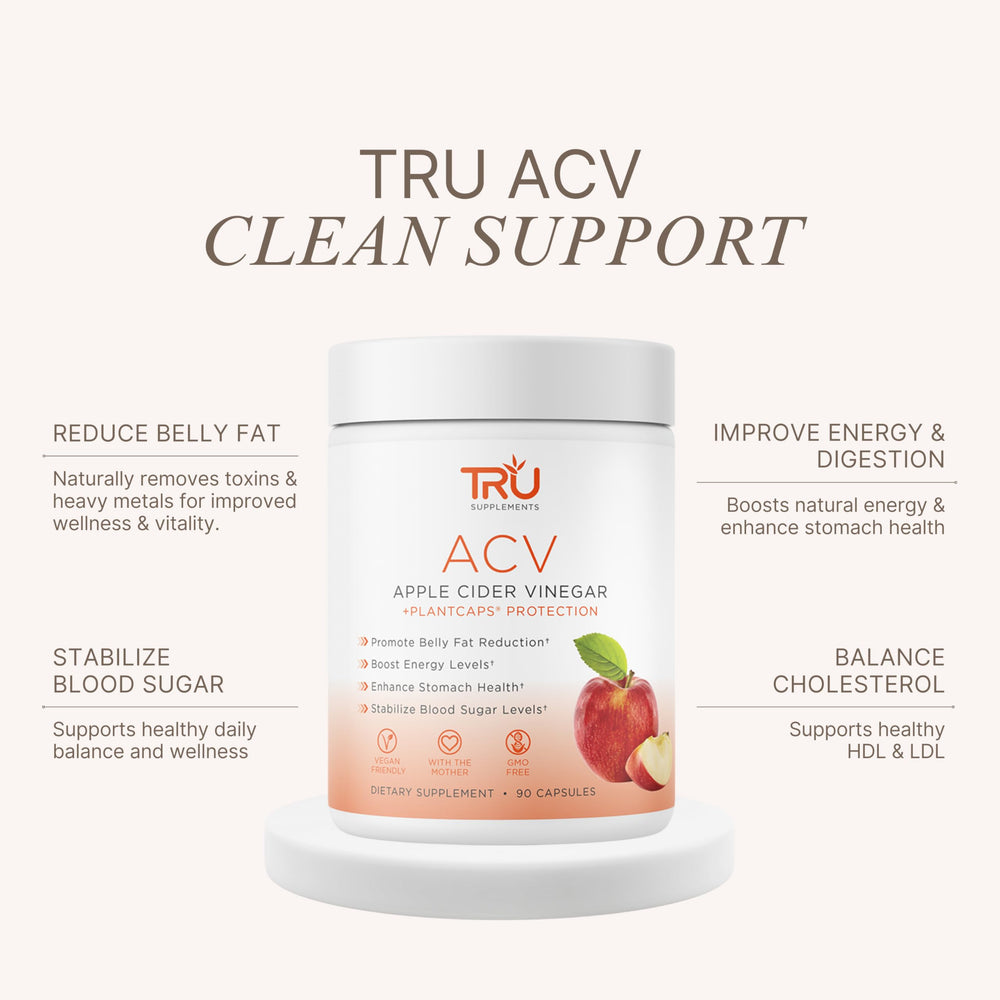 TRU Supplements ACV with The Mother label shows unfiltered enzymes and probiotics.