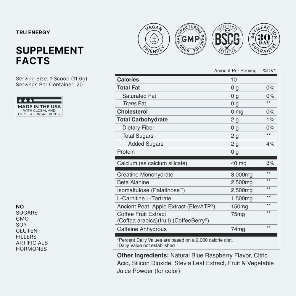 TRU Supplements Energy pre-workout jar label highlights vegan formulation and clean ingredients.