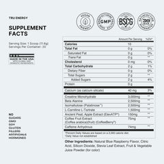 TRU Supplements Energy pre-workout jar label highlights vegan formulation and clean ingredients.