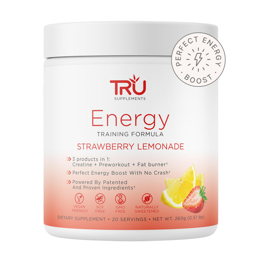TRU Supplements Energy strawberry lemonade bottle ready for a pre-workout boost