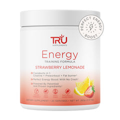 TRU Supplements Energy strawberry lemonade bottle ready for a pre-workout boost