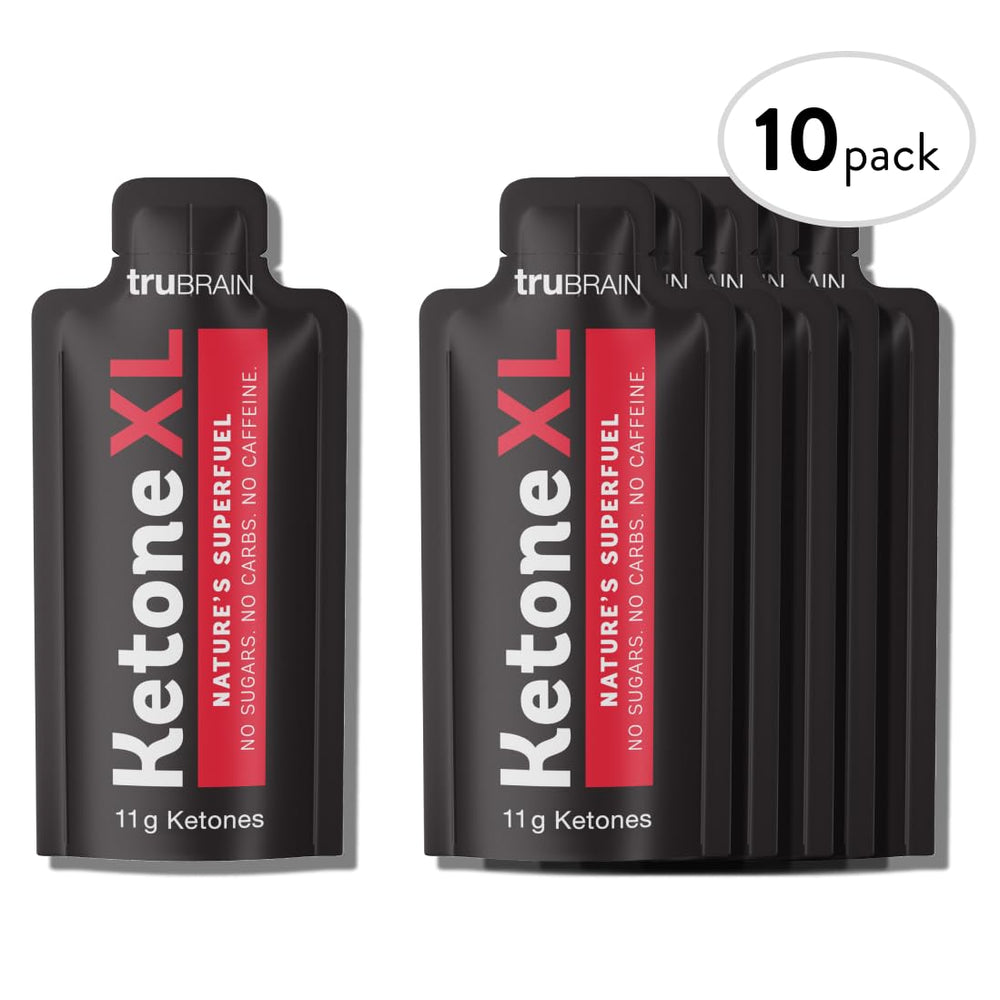 TruBrain Ketone XL Shot on workout bench suggests athletic performance support.