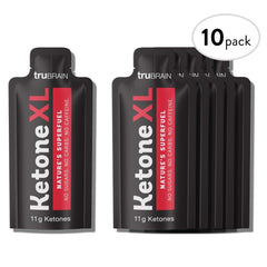 TruBrain Ketone XL Shot travel-pack on a bag shows on-the-go energy.