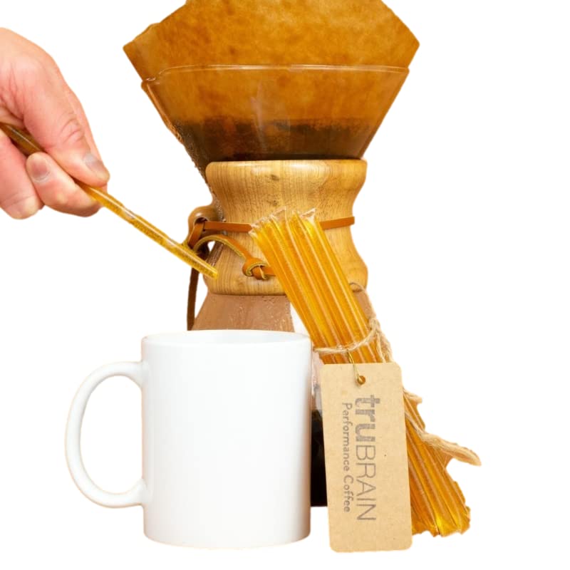 Close-up of a coffee cup with TruBrain product visuals