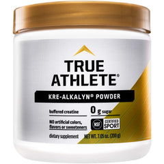 True Athlete Kre Alkalyn powder tub front highlighting energy support for workouts