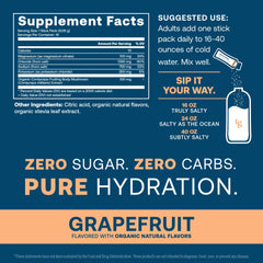 True Grace ElectroMag grapefruit stick-pack closeup, highlights zero sugar and rapid hydration.