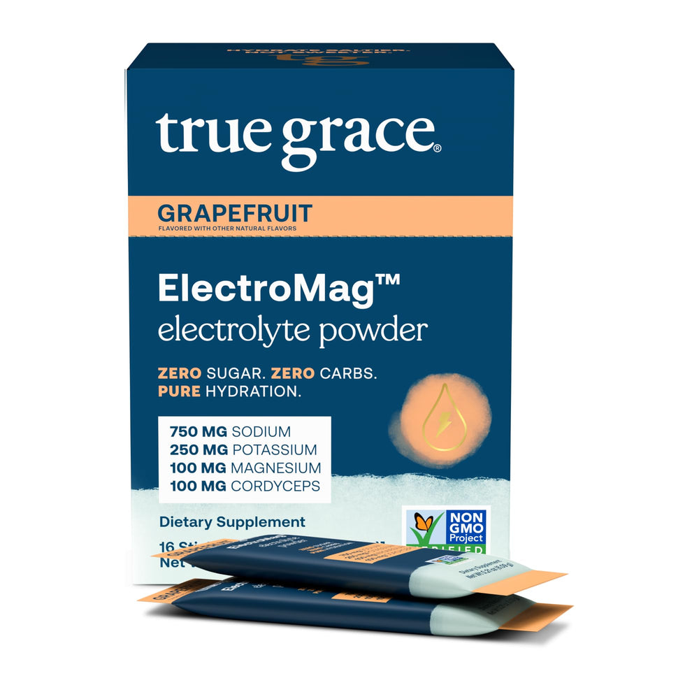 True Grace ElectroMag grapefruit stick-pack front, convenient hydration on the go.