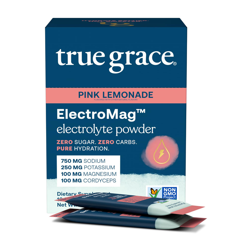 True Grace ElectroMag pink lemonade stick-pack ready for on-the-go hydration.