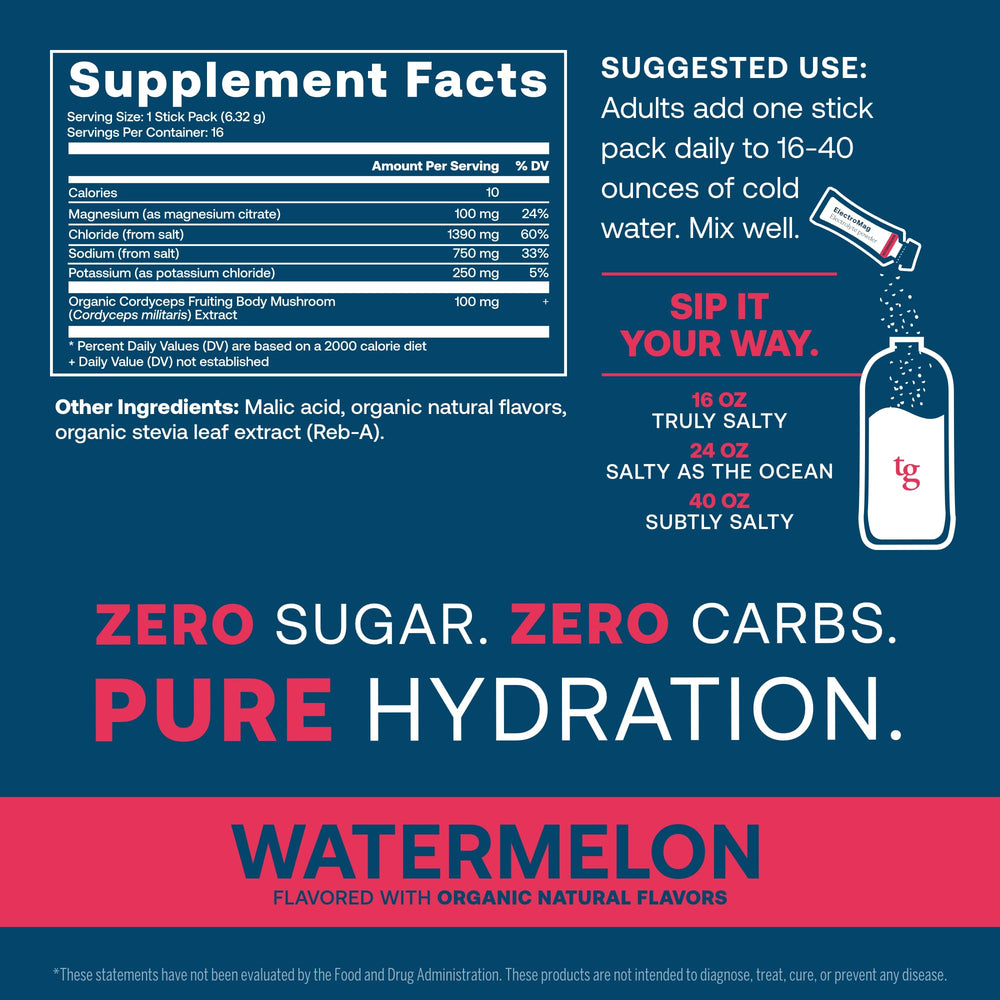 True Grace ElectroMag watermelon stick pack back with nutritional details and zero sugar