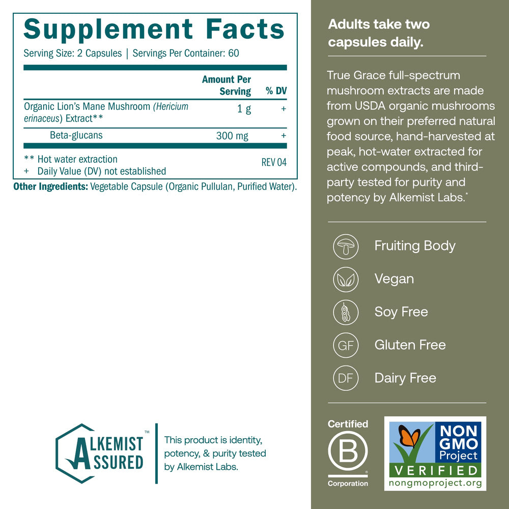 Organic Lion's Mane fruiting bodies used in True Grace supplement