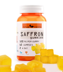 Bottle of True Nests Saffron Gummies with 60-count bottle on white background