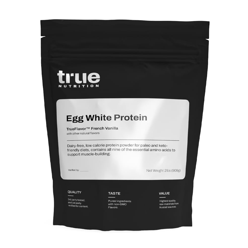True Nutrition egg white protein powder bottle with French Vanilla label for a quick protein boost.