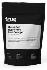 True Nutrition hydrolyzed collagen powder bottle showcases grass-fed sourcing for potential joint and skin vitality.