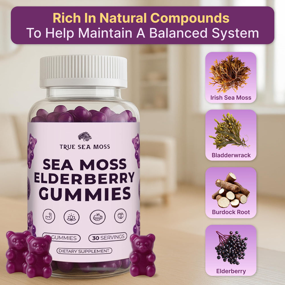 Ingredients: Irish Sea Moss, Burdock Root, Bladderwrack and Elderberry extract