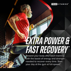 TRUE VITAMINS testosterone booster in-use scene highlighting on-the-go energy support.