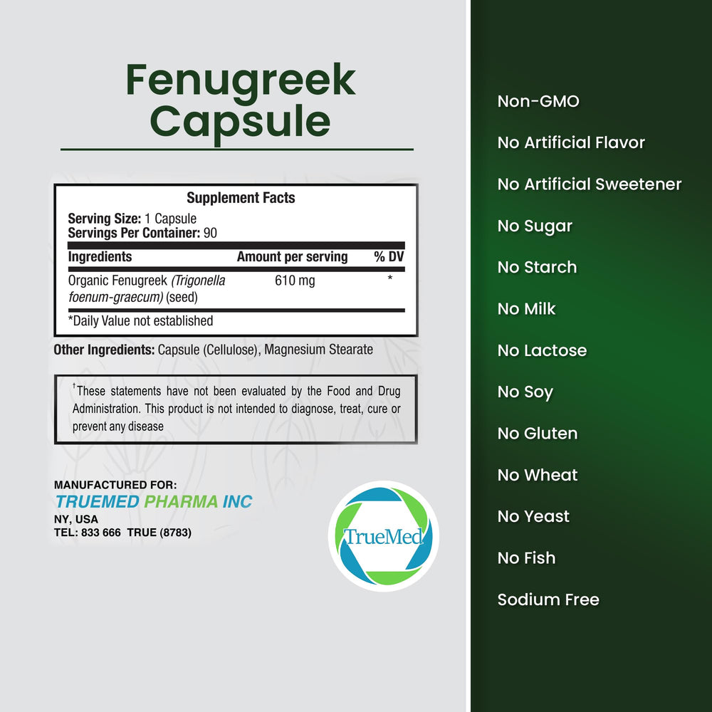 Fenugreek capsules side view displaying 610 mg per capsule