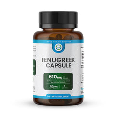 Bottle of TRUEMED Fenugreek Capsules 610 mg on white background
