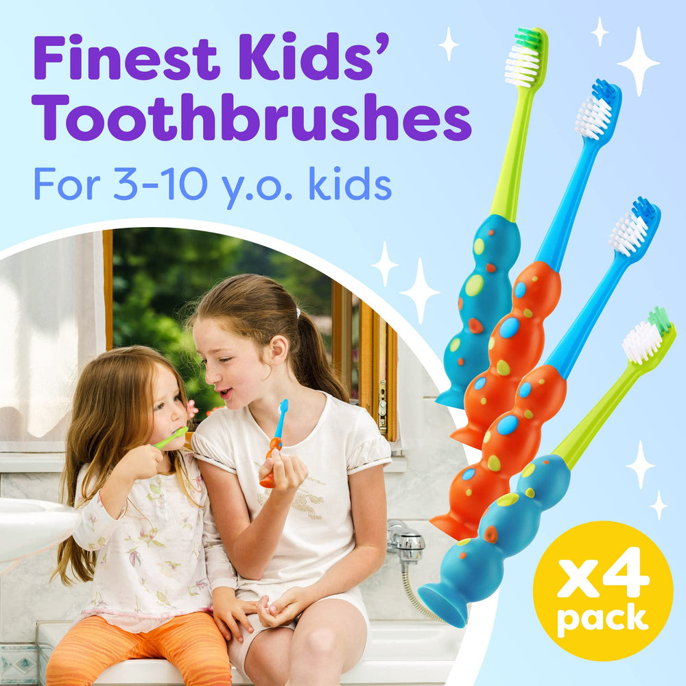 All four brushes showing compact child-sized heads and soft bristles.