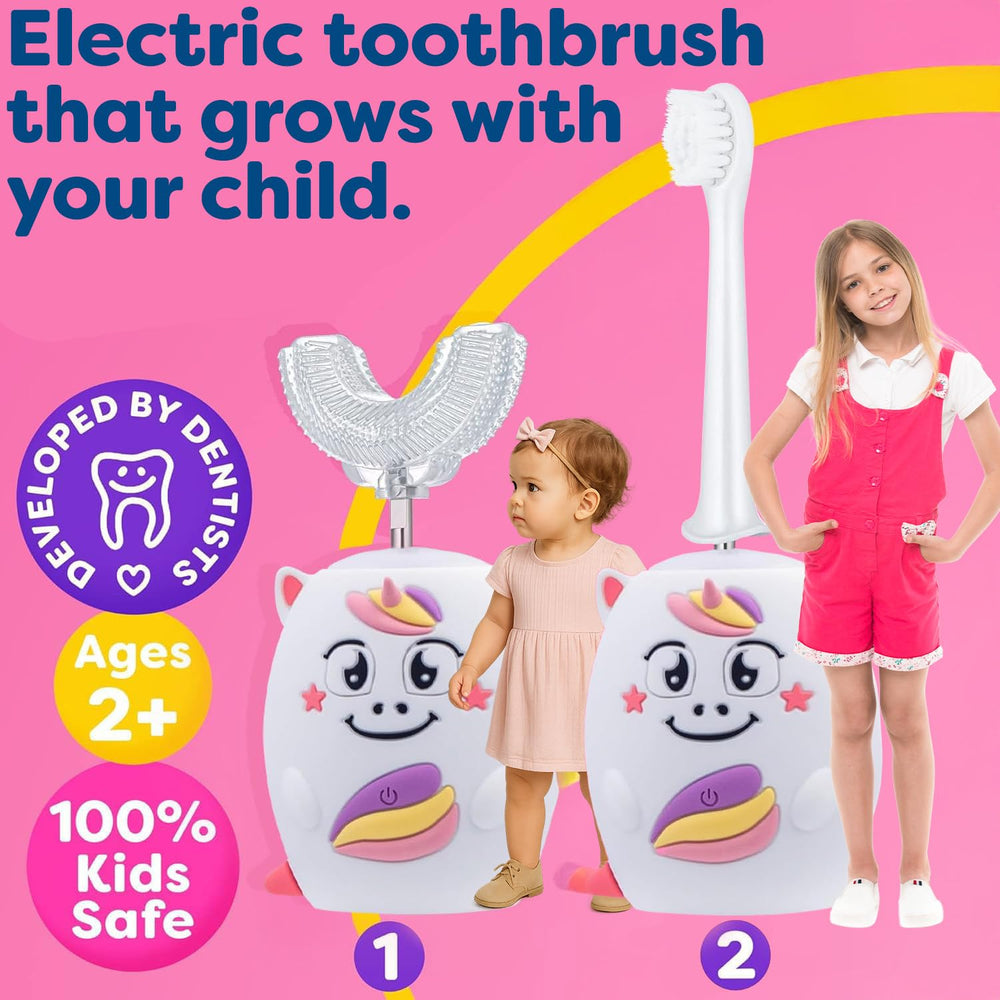 Close-up of the 360° silicone U-shaped brush head for toddlers