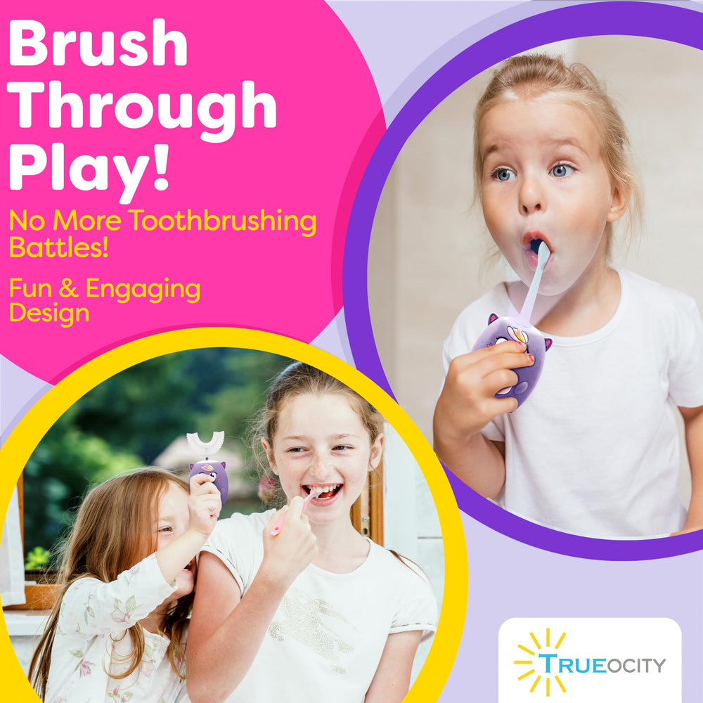 Side view of Trueocity Kids U Shape Toothbrush purple