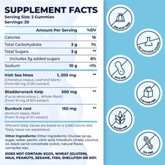 Close-up of ingredients showing Irish sea moss with burdock root and bladderwrack