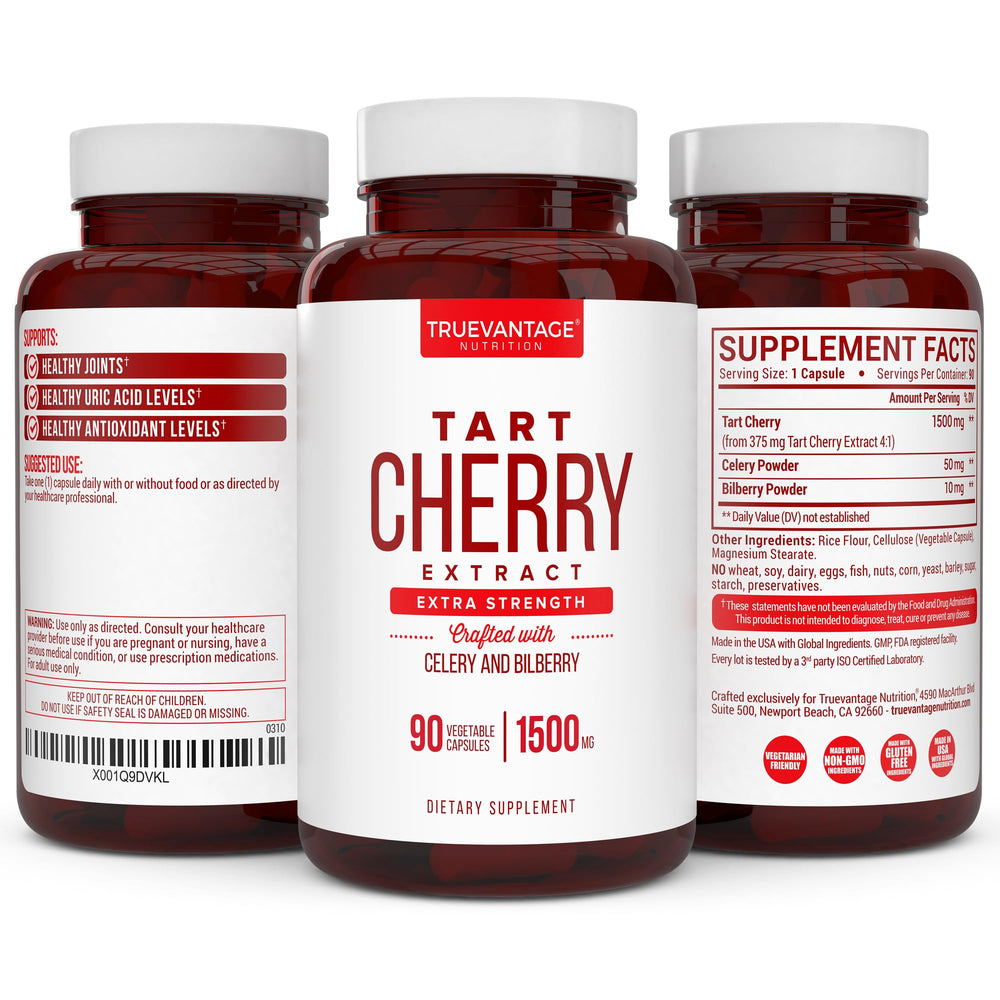 Bottle of Truevantage Tart Cherry Extract Capsules with 90-count label