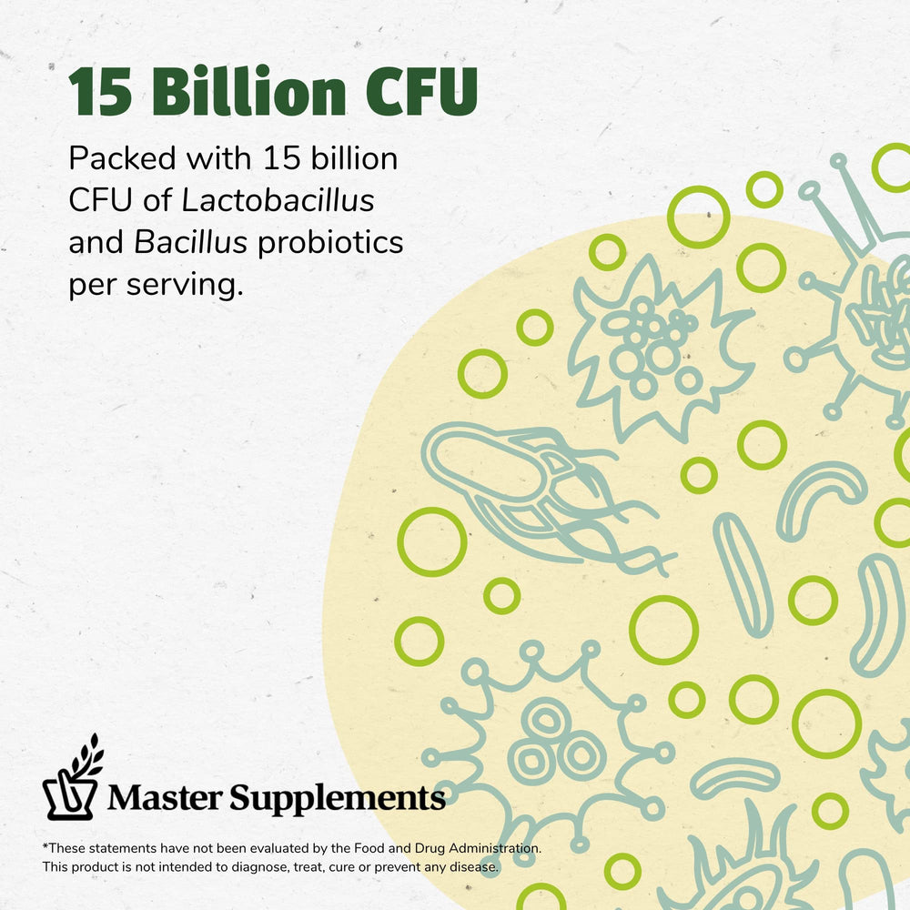 Graphic showing 15 Billion CFU probiotics and 2 enzymes