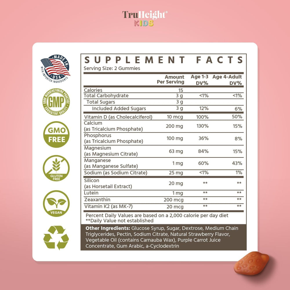 Vegan TruHeight Kids Bone Growth Gummies packaging with strawberry flavor