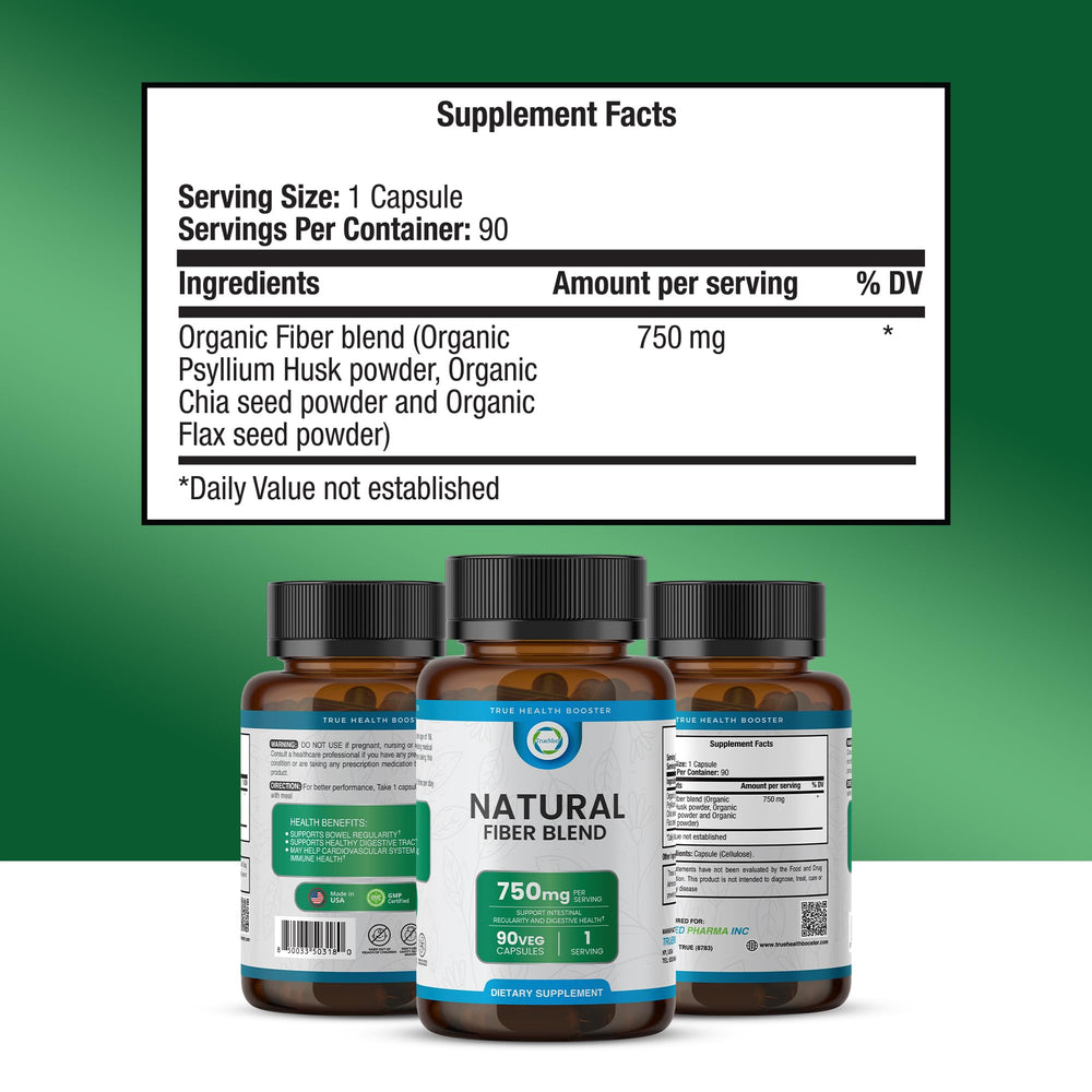 Scoop showing 750mg per serving of TRUEMED Organic Fiber Blend