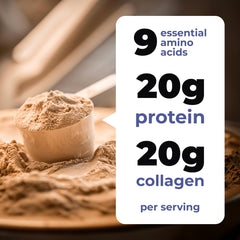 TRUMETA Bone broth protein powder in chocolate flavor – packaging and scoop 04