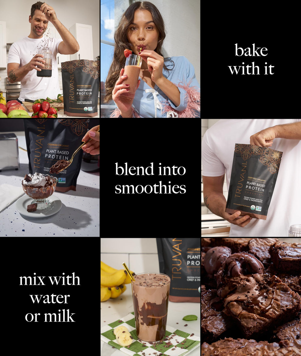 Truvani chocolate protein shake in glass showing creamy texture without chalkiness.